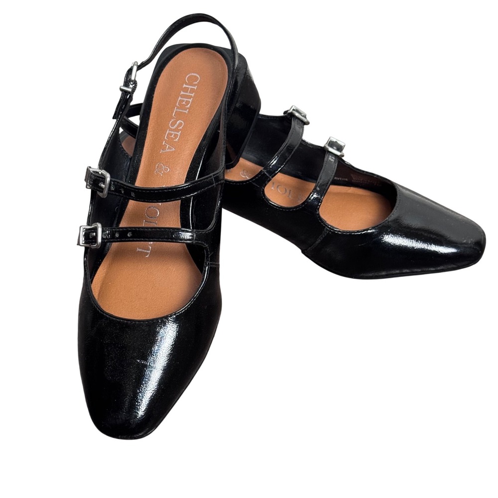 Chelsea & Violet Black Patent Double Strap Mary Jane Slingback Heels Size 7M